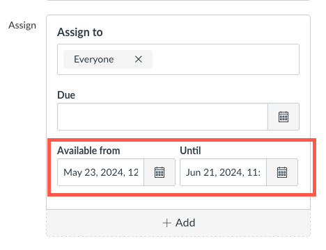     Check if there is a date in “Available from” and “Until”. If there is one, remove it or change it so students can access the assignment.  