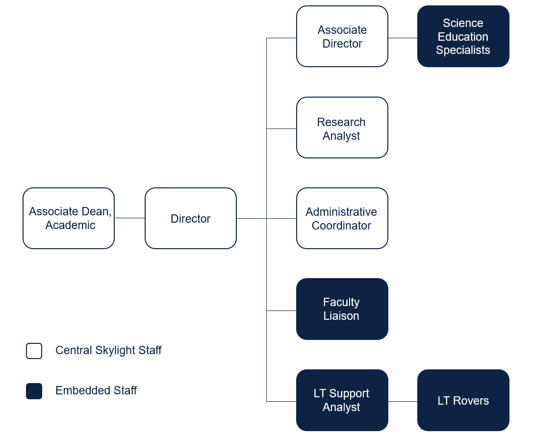 Skylight organizational chart showing the reporting hierarchy and indicating if staff are central or embedded in other units.