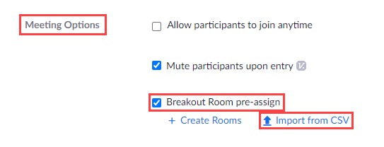 In the Meeting Options, select Breakout rooms pre-assign and click on Import from CSV.    