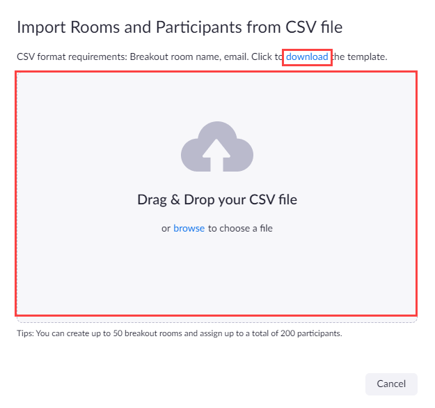 This image shows the window in which you can drag and drop the CSV file in the Zoom web portal.