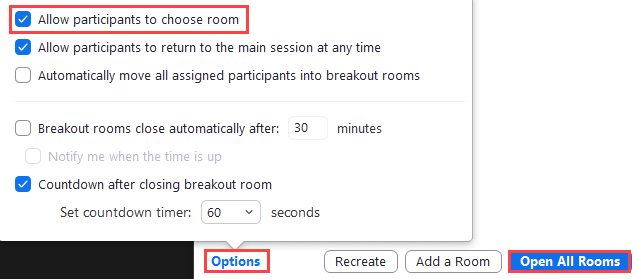 This image shows the option "Allow participations to choose room" when creating breakout rooms