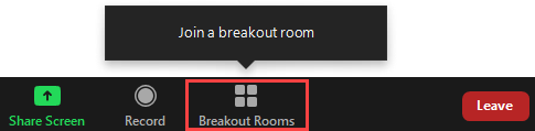 This image shows to click on the Breakout Rooms icon in the bottom right corner and then click on "Join a breakout room".