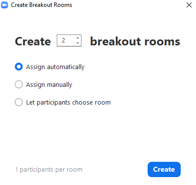The image shows the pop-up window for creating breakout rooms.