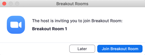 The image shows the pop-up window that participants see when the host invites them to join a breakout room.