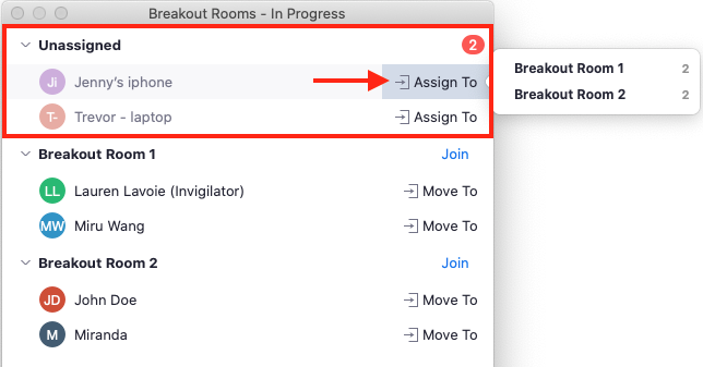 The image shows the pop-up window where you can assign unassigned participants to breakout rooms.