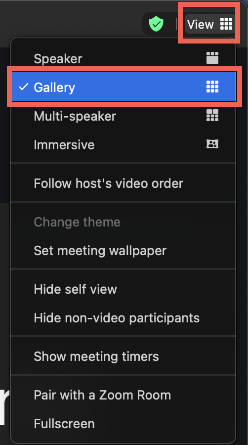 The image shows to switch to click on View in the upper right corner of a Zoom meeting screen and then to click on Gallery View.