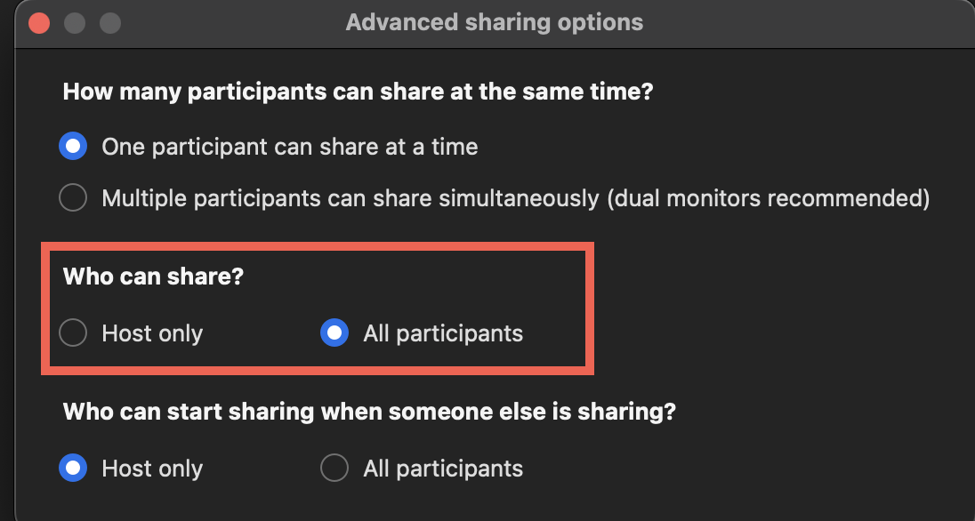 The image shows the Advanced sharing options after clicking on Share from the meeting toolbar.