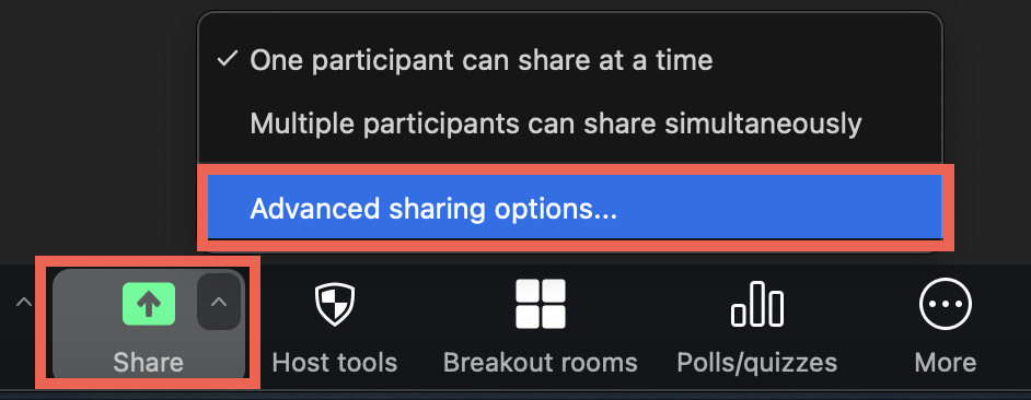 The image shows to click on the Share button from the meeting toolbar and then on Advanced sharing options.