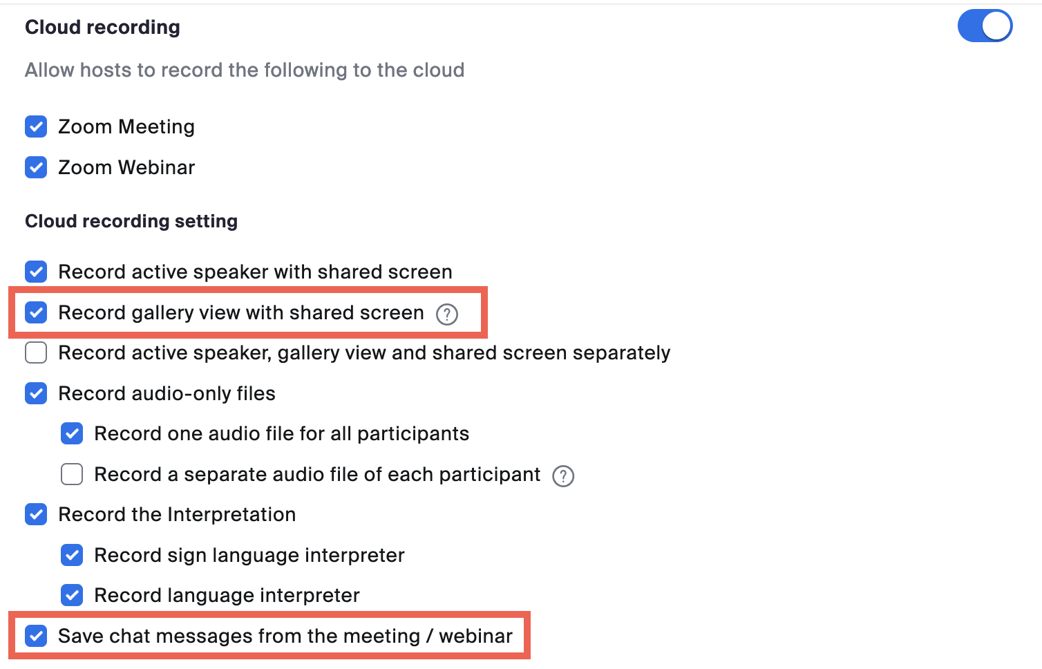 The image shows under Cloud recording, which options to select