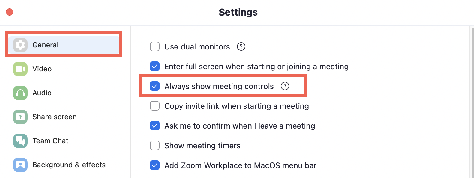 The image shows in General settings, to check the option Always show meeting controls.