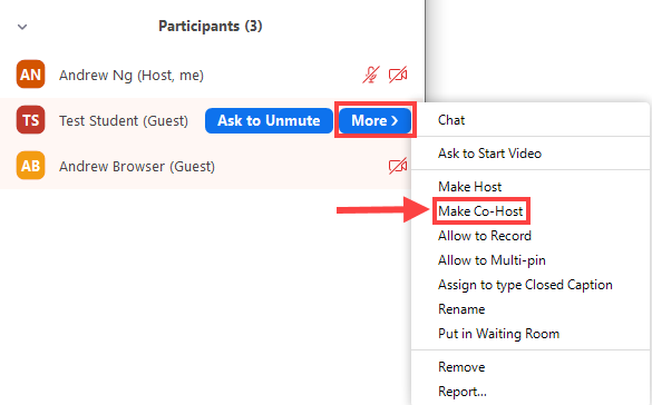 The image shows to click on More and then Make Co-Host to make a participant a co-host.